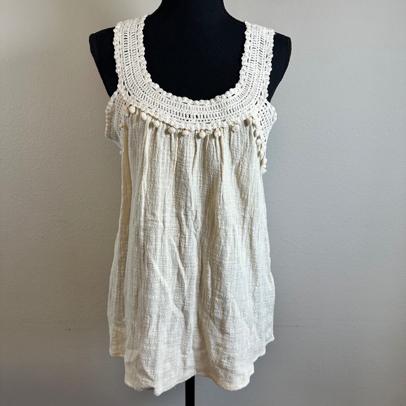Adiva Tops - Boho Crochet Cotton Tank Top Pom Trim Ivory Off White Medium Cottage Festival